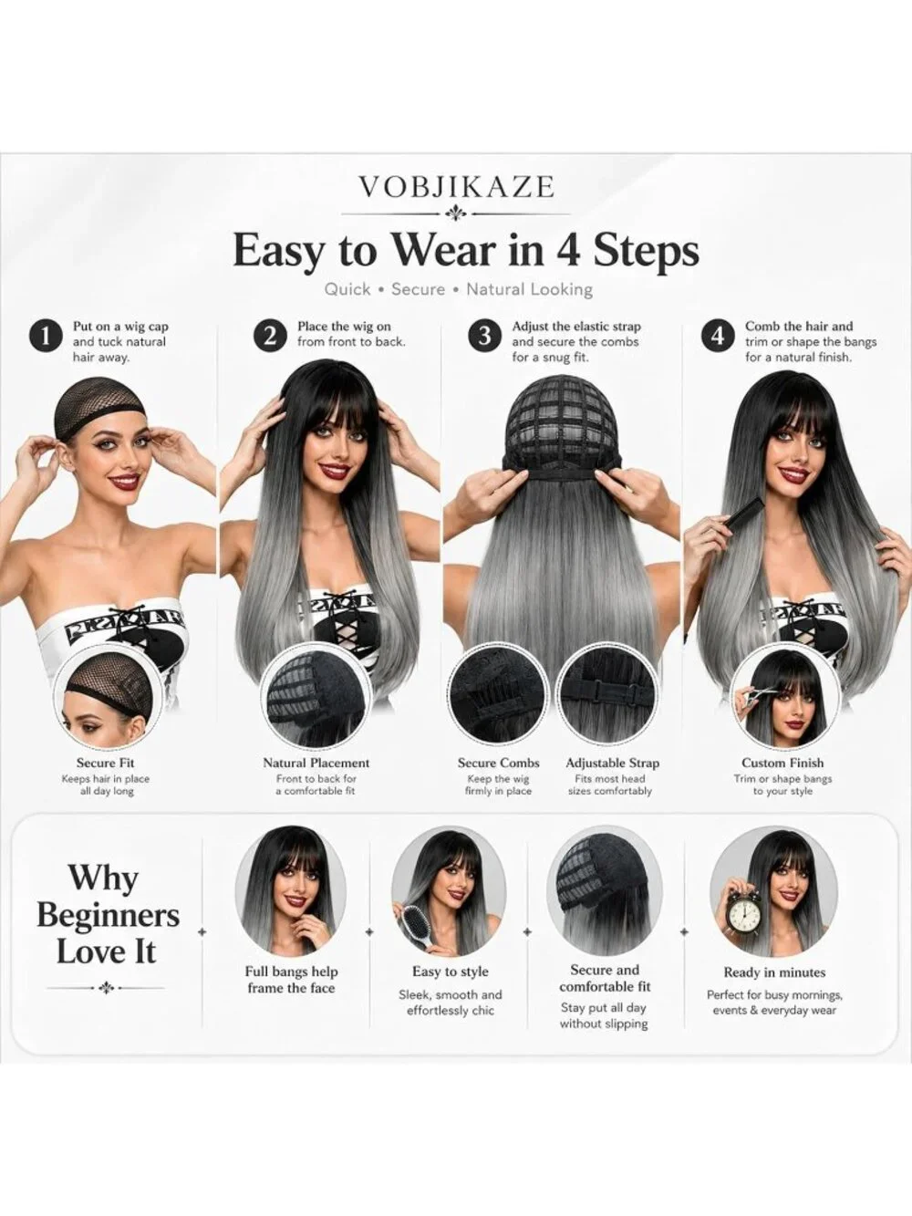 Women's Silver Grey 26 Inch Heat Resistant Synthetic Long Straight Wigs Bangs